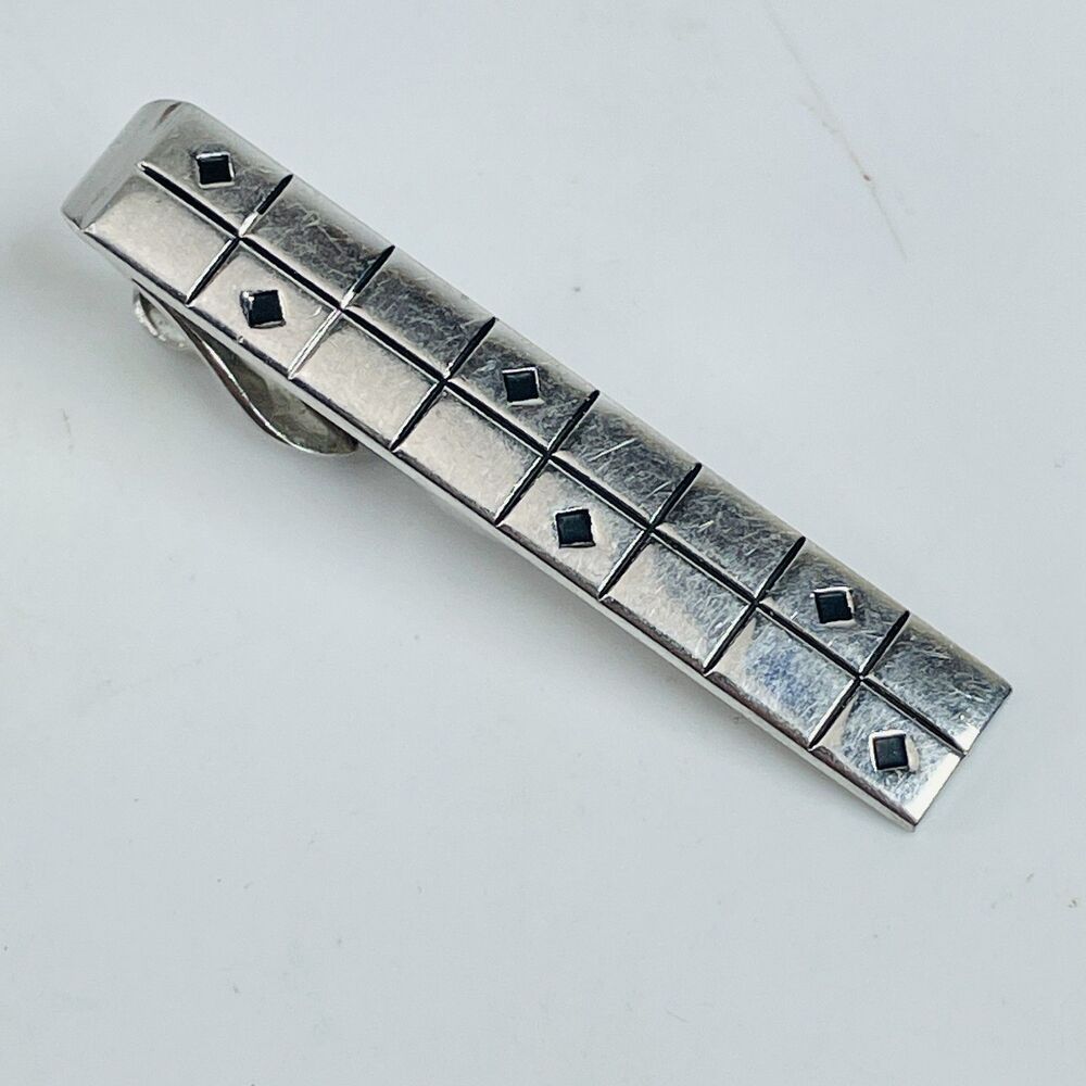 Vintage SWANK Men's Silver Tone Geometric Pattern Tie Clip Bar Accessory